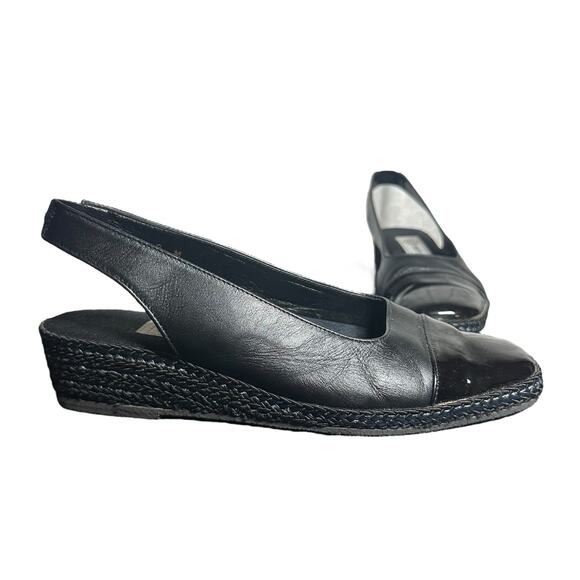 Andre Assous Black Leather Slingback Espadrille Wedge Sandals Size 8M - Picture 1 of 11